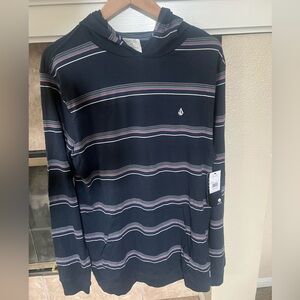 Volcom Men’s Striped Navy Long Sleeve Hooded Shirt Size Medium